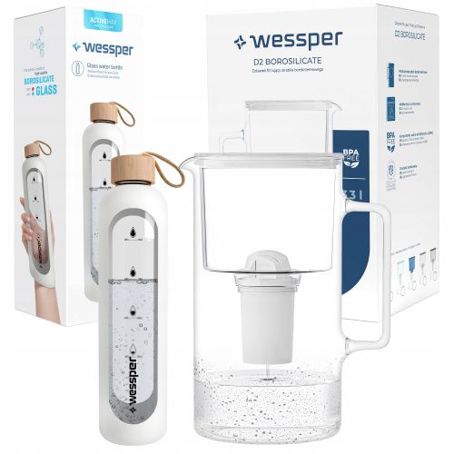  Wessper D2 Borosilicate Aquaclassic филтърна кана 3,3 l бяла + бутилка Wessper 1000 ml