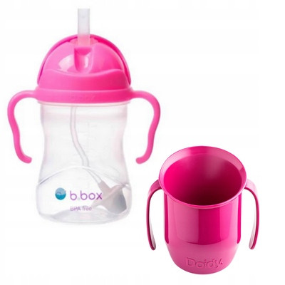  Doidy Cup с фуксия дръжки с блясък 3m+ + B.Box BB00511 бутилка за вода със сламка 240 мл розово