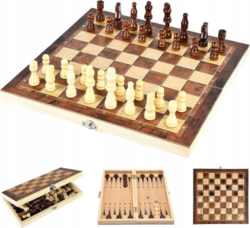  ДЪРВЕН ШАХ ТАБЛА ДАМА 3В1 КОМПЛЕКТ Woody Chess Set