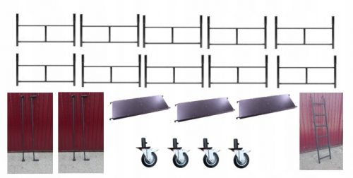 Варшавско скеле - 10 броя + 4 големи колела + 3 плота + напречни греди + парапети + стълба