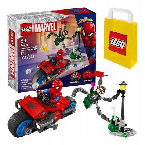  LEGO Super Heroes 76275 Мотоциклетно преследване: Спайдърмен срещу. Doc Ock + Хартиена торбичка LEGO 6315786 жълта 24x8x18 см