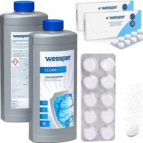  Wessper Cleanmax 1 L средство за премахване на котлен камък + обезмасляващи таблетки за машина за еспресо Wessper CleanOil WES078 10 x 2 g