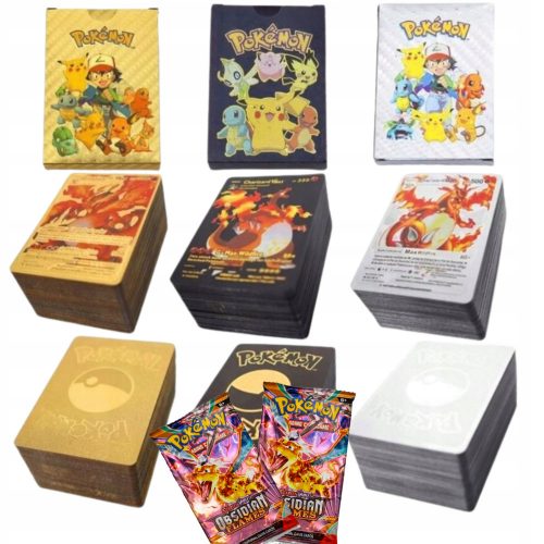  POKEMON Cards 3in1 165 части Златен Черен Сребърен Комплект + 3× OBSIDIAN FLAMES Карти Pokemon 1 саше с 10 карти