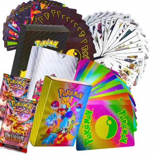  POKEMON CARDS 3in1 165 части RAINBOW BLACK SILVER + 2× Pokemon карти OBSIDIAN FLAMES 1 саше с 10 карти