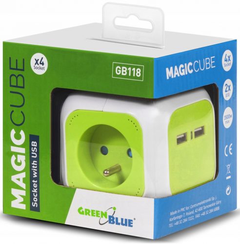 GreenBlue Разклонител MagicCube GB118, 4 гнезда, 1,4 м, зелен